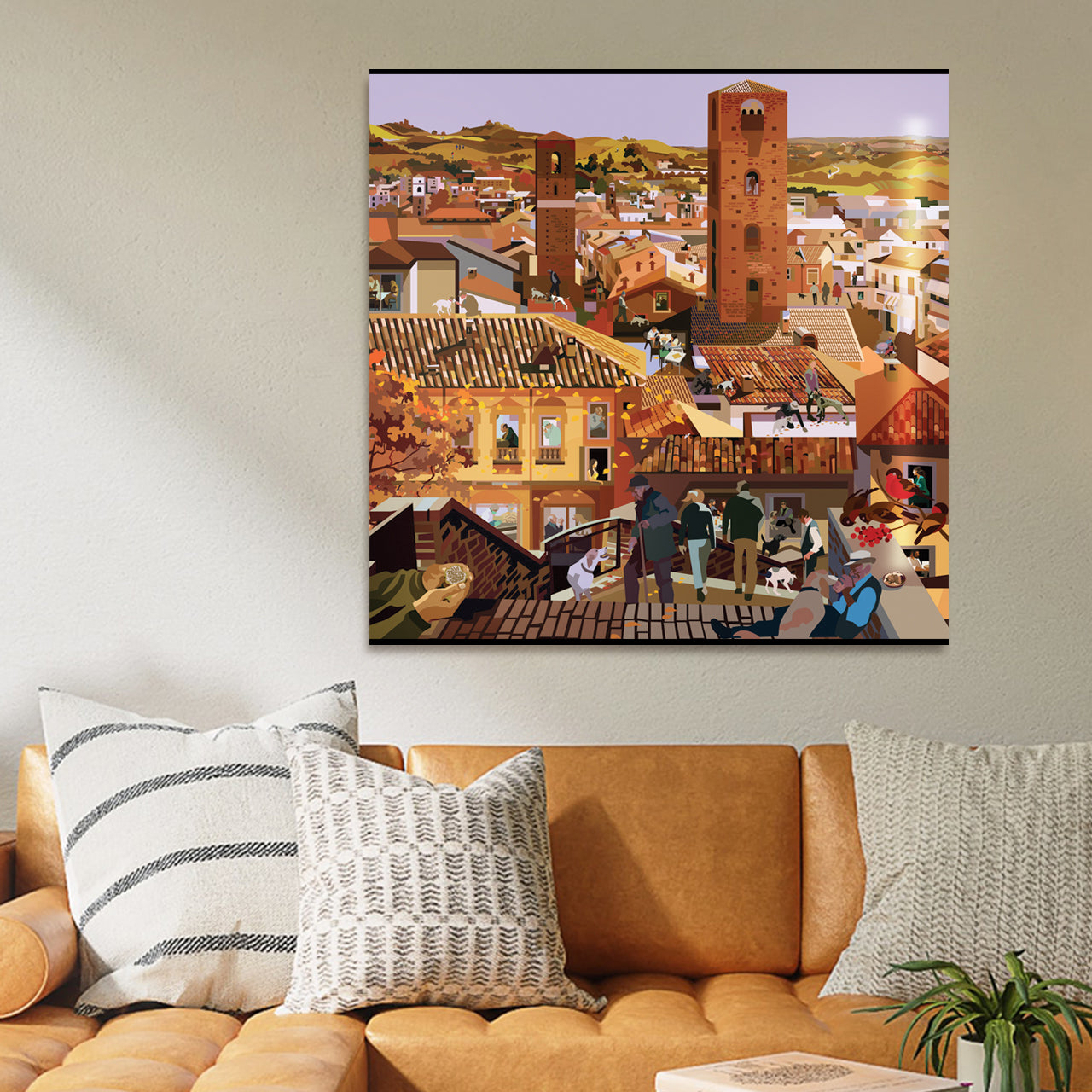 Scopri "Alba Truffle Flavour", Ambientazione dell'illustrazione iconica di Pierpaolo Rovero che cattura la magia della stagione del tartufo bianco ad Alba. Un'opera ricca di dettagli, dove storia e tradizione si fondono in una rappresentazione vivace della raccolta del tartufo. Dettaglio Ambientazione Quadro